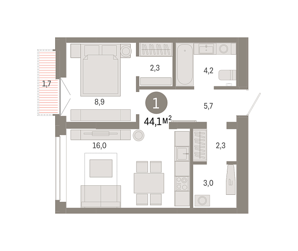 Новая 1-к квартира
 44.11 м² на 6/9 этаже в ЖК «Республики 205» в городе Тюмень 