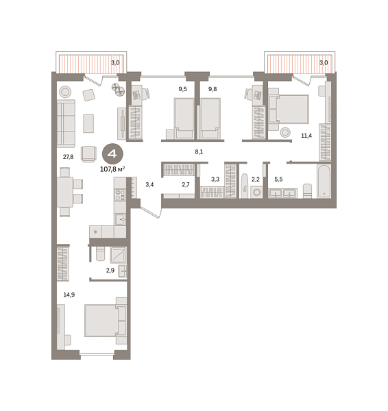 Новая 4-к квартира
 107.75 м² на 6/9 этаже в ЖК «Первый квартал» в городе Тюмень 