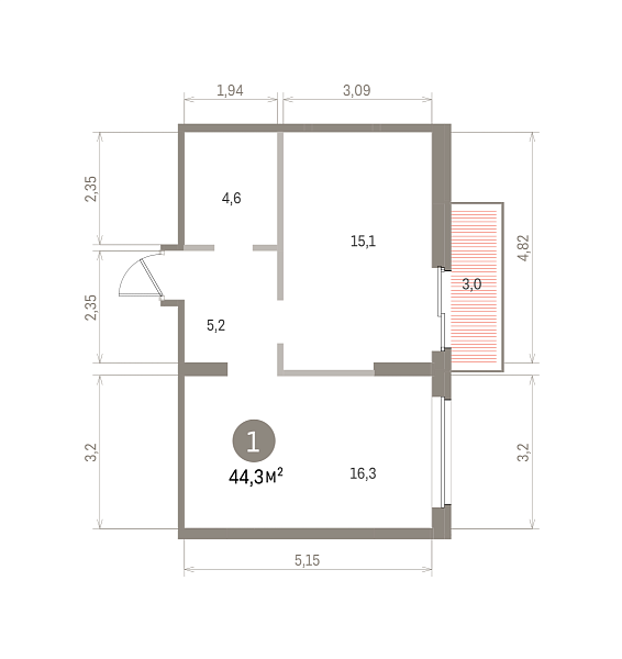 Количество комнат: 1,  44.28 кв.м.