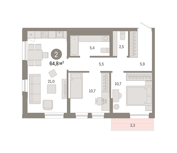 Новая 2-к квартира
 64.76 м² на 3/15 этаже в ЖК «Республики 205» в городе Тюмень 