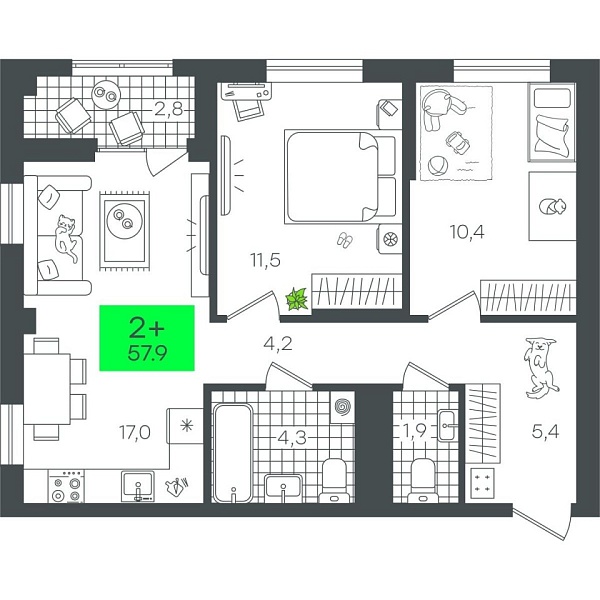 Новая 2-к квартира
 57.91 м² на 11/19 этаже в ЖК «Гранд Квартал» в городе Тюмень 