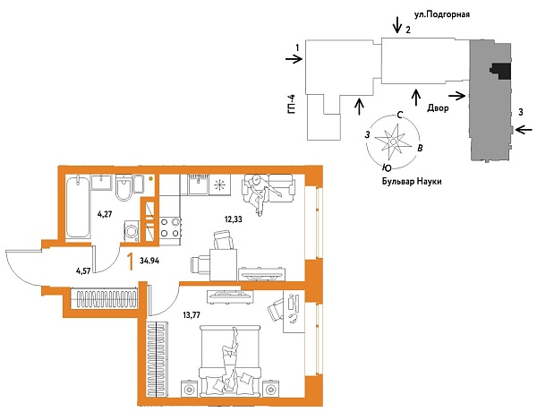 Новая 1-к квартира
 34.94 м² на 11/16 этаже в ЖК «Авторский» в городе Тюмень 