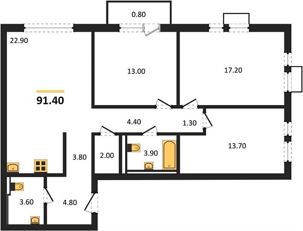 Новая 3-к квартира
 91.4 м² на 2/24 этаже в ЖК «Барса» в городе Тюмень 