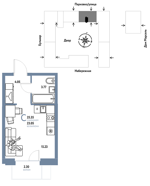 Новая квартира-студия
 25.35 м² на 9/24 этаже в ЖК «Европейский берег 2.0» в городе Тюмень 