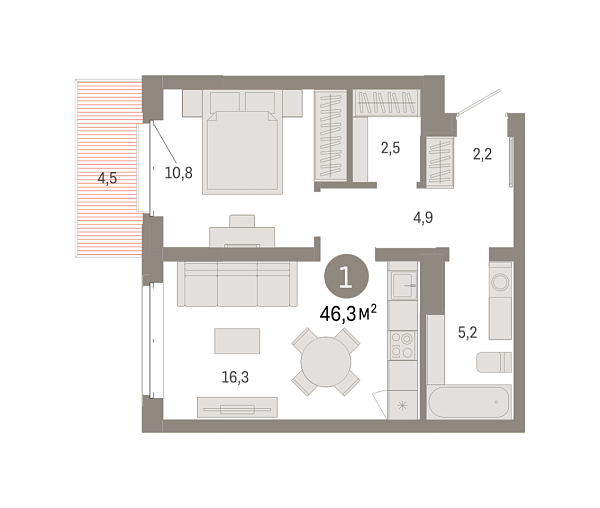 Новая 1-к квартира
 46.33 м² на 6/7 этаже в ЖК «Кварталы «На Минской»» в городе Тюмень 