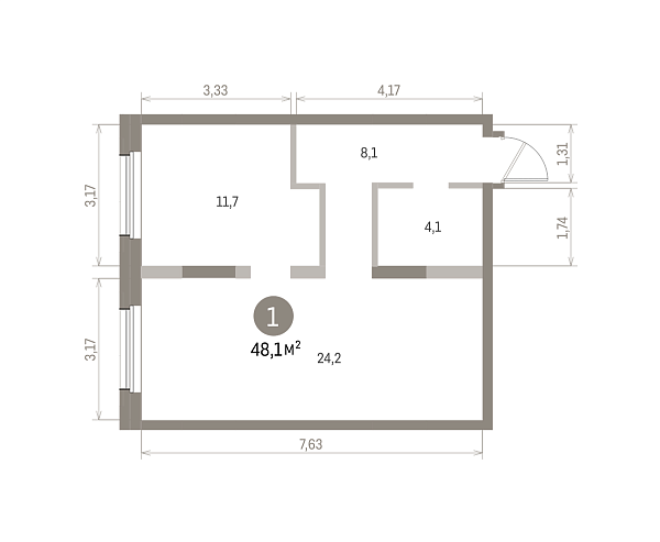 Количество комнат: 1,  48.1 кв.м.