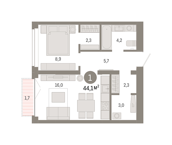 Новая 1-к квартира
 44.09 м² на 5/9 этаже в ЖК «Республики 205» в городе Тюмень 