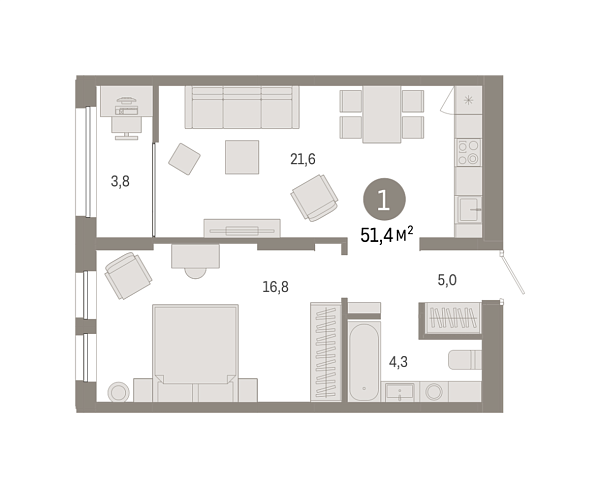 Новая 1-к квартира
 51.44 м² на 14/15 этаже в ЖК «Республики 205» в городе Тюмень 