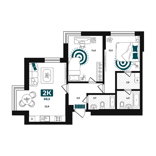 Новая 2-к квартира
 68.5 м² на 7/23 этаже в ЖК «Добро» в городе Тюмень 