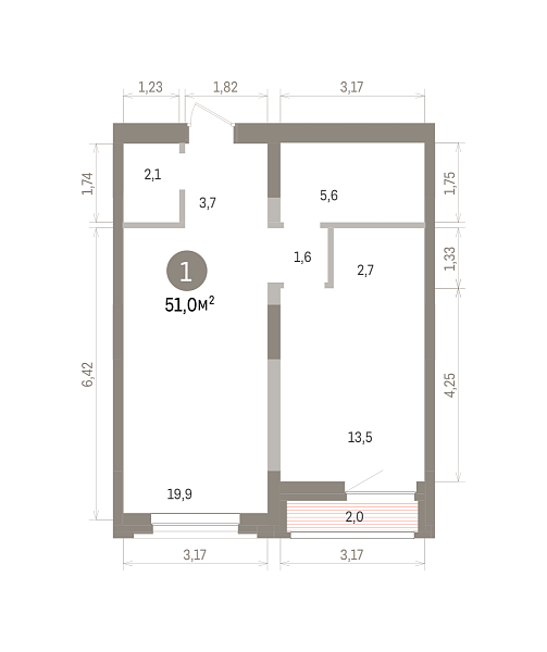 Количество комнат: 1,  50.8 кв.м.