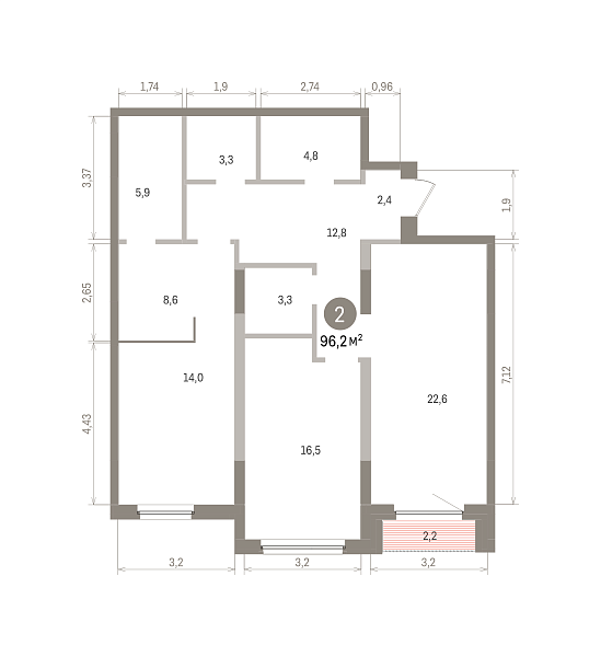 Количество комнат: 2,  96.24 кв.м.