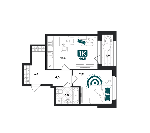 Новая 1-к квартира
 46.5 м² на 3/23 этаже в ЖК «Добро» в городе Тюмень 