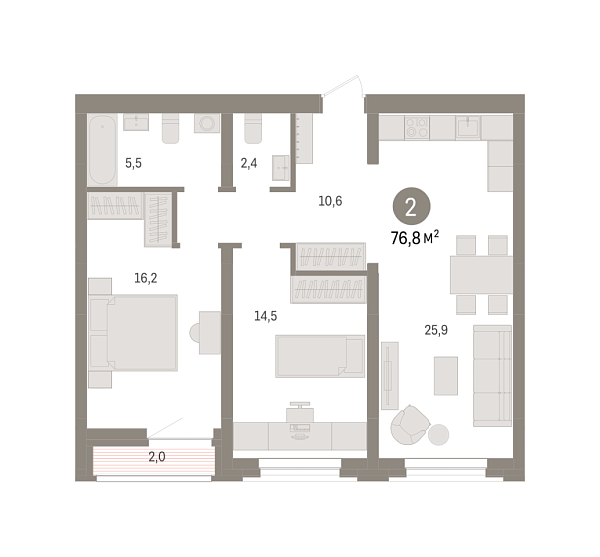 Новая 2-к квартира
 76.8 м² на 5/8 этаже в ЖК «Речной порт» в городе Тюмень 