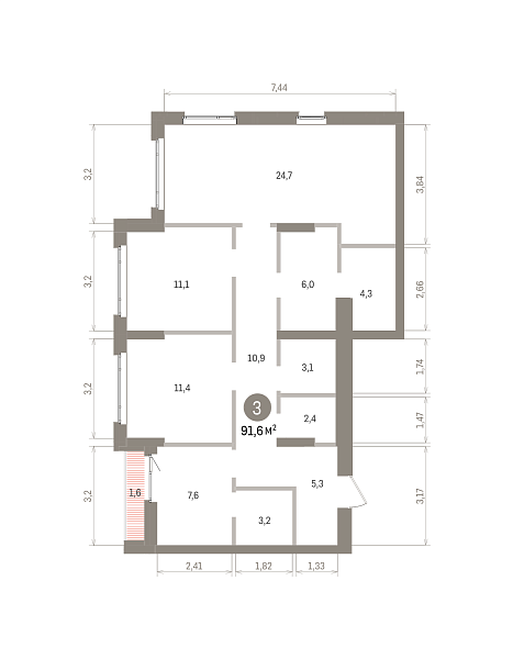 Количество комнат: 3,  91.6 кв.м.