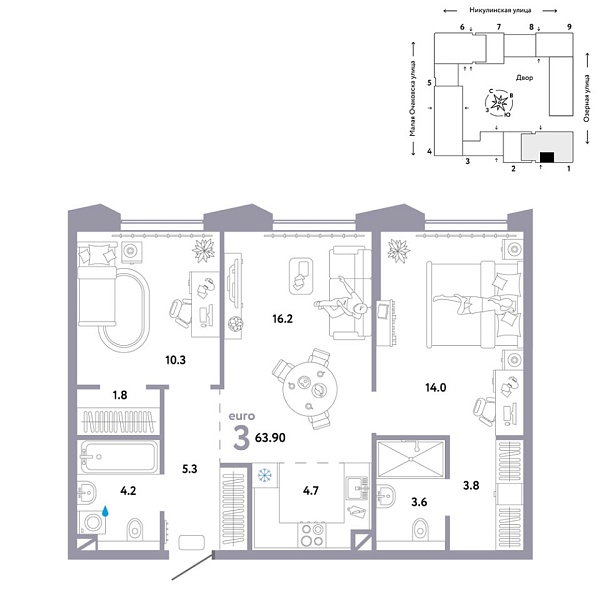 Новая 3-к квартира
 63.9 м² на 30/30 этаже в ЖК «Страна.Озёрная» в городе Тюмень 