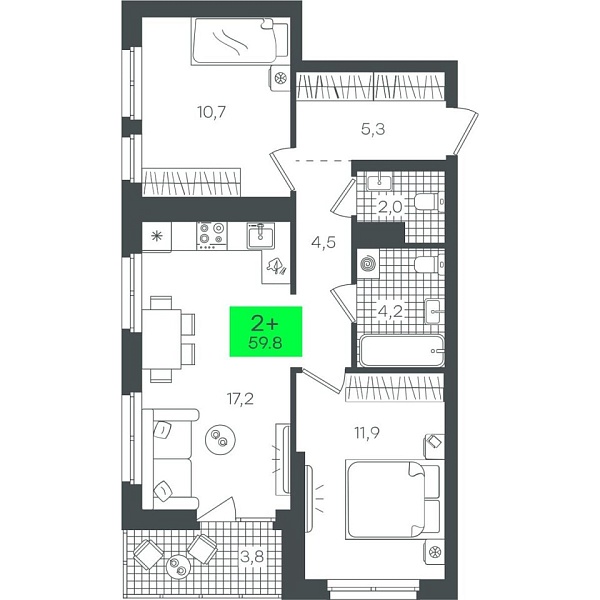 Новая 2-к квартира
 59.81 м² на 13/22 этаже в ЖК «Гранд Квартал» в городе Тюмень 