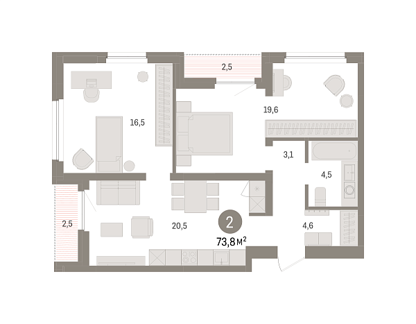Новая 2-к квартира
 73.77 м² на 7/8 этаже в ЖК «Зарека» в городе Тюмень 