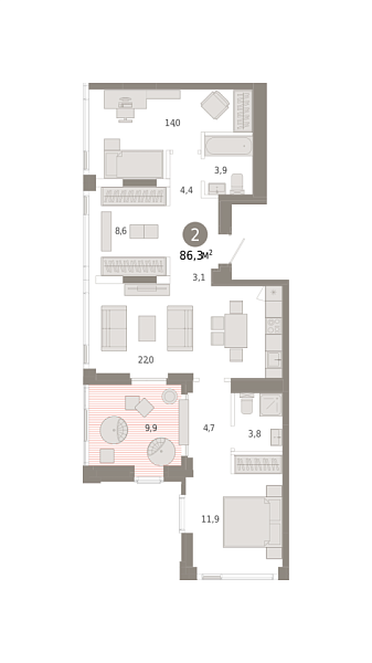 Новая 2-к квартира
 86.31 м² на 25/25 этаже в ЖК «Зарека» в городе Тюмень 