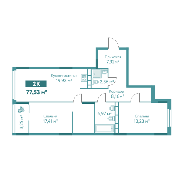 Новая 2-к квартира
 77.53 м² на 9/10 этаже в ЖК «Акватория» в городе Тюмень 