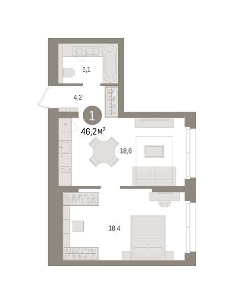 Новая 1-к квартира
 46.22 м² на 1/9 этаже в ЖК «Брусника в Новоселье» в городе Тюмень 