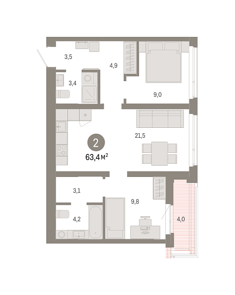 Новая 2-к квартира
 63.41 м² на 9/9 этаже в ЖК «Республики 205» в городе Тюмень 