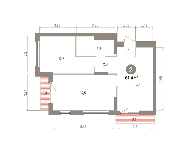Количество комнат: 2,  61.4 кв.м.