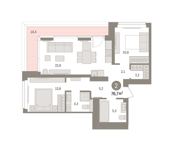 Новая 2-к квартира
 76.68 м² на 14/16 этаже в ЖК «Кварталы «На Минской»» в городе Тюмень 