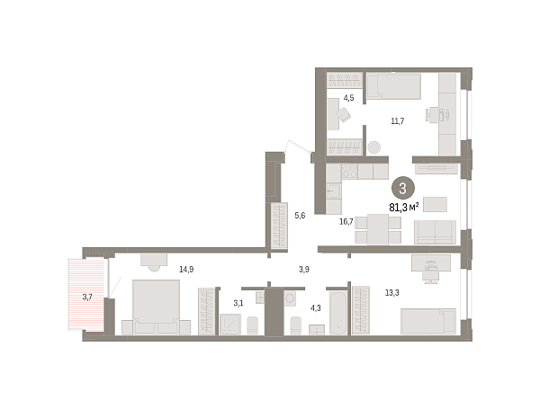 Новая 3-к квартира
 81.4 м² на 4/9 этаже в ЖК «Речной порт» в городе Тюмень 
