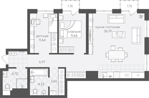 Новая 2-к квартира
 77.45 м² на 4/24 этаже в ЖК «Скандиа. Квартал в Комарово Парк» в городе Тюмень 