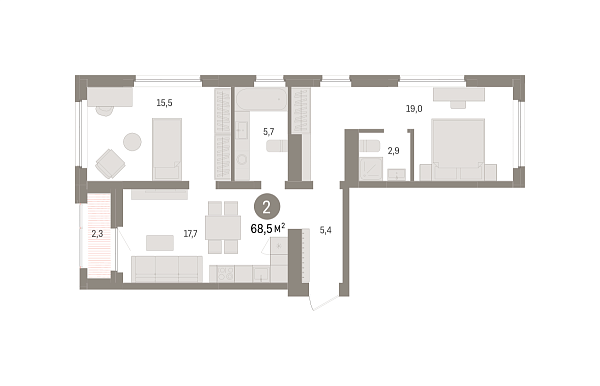 Новая 2-к квартира
 68.47 м² на 5/7 этаже в ЖК «Зарека» в городе Тюмень 