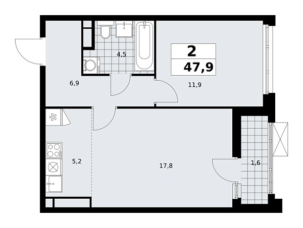 Новая 2-к квартира
 47.9 м² на 8/17 этаже в ЖК «Прокшино» в городе Тюмень 