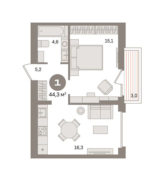 Новая 1-к квартира
 44.28 м² на 2/9 этаже в ЖК «Первый квартал» в городе Тюмень 