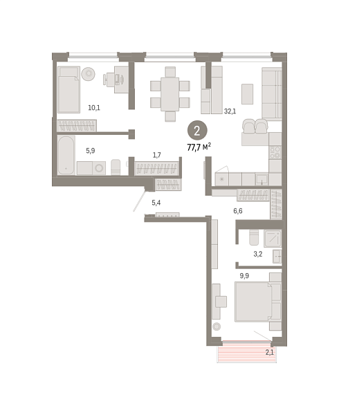Новая 2-к квартира
 77.71 м² на 9/9 этаже в ЖК «Брусника в Академическом» в городе Тюмень 