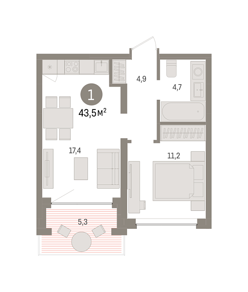 Новая 1-к квартира
 43.5 м² на 5/7 этаже в ЖК «Европейский квартал» в городе Тюмень 