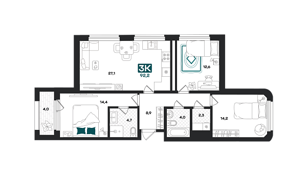 Новая 3-к квартира
 92.2 м² на 3/23 этаже в ЖК «Добро» в городе Тюмень 