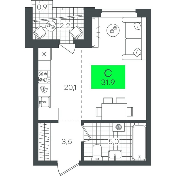 Новая квартира-студия
 31.91 м² на 2/12 этаже в ЖК «Гранд Квартал» в городе Тюмень 