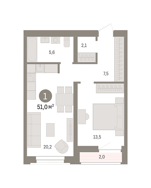 Новая 1-к квартира
 51 м² на 6/8 этаже в ЖК «Речной порт» в городе Тюмень 