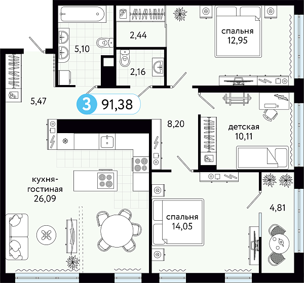 Новая 3-к квартира
 91.38 м² на 12/14 этаже в ЖК «Квартал на Московском» в городе Тюмень 