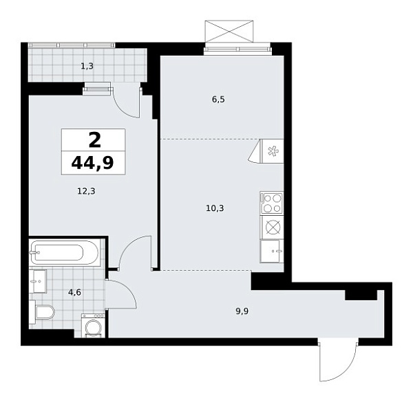 Новая 2-к квартира
 44.9 м² на 8/13 этаже в ЖК «Дзен-кварталы» в городе Тюмень 