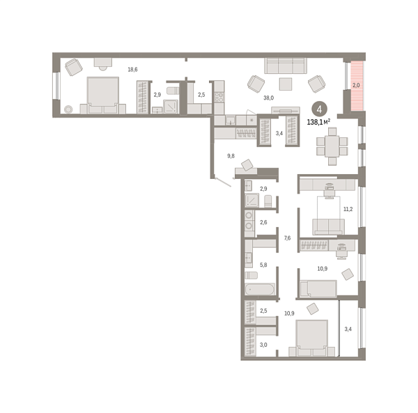 Новая 4-к квартира
 138.11 м² на 3/15 этаже в ЖК «Республики 205» в городе Тюмень 