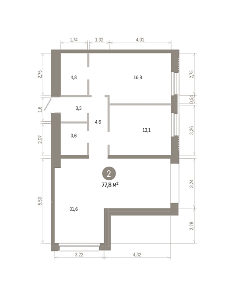 Количество комнат: 2,  77.8 кв.м.