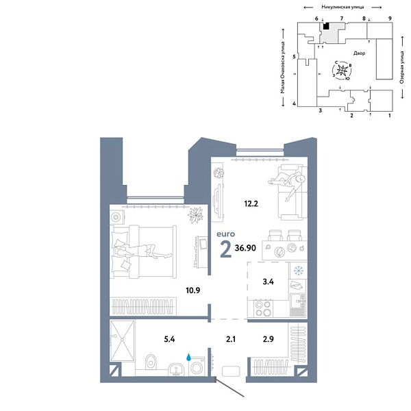 Новая 2-к квартира
 36.9 м² на 3/30 этаже в ЖК «Страна.Озёрная» в городе Тюмень 