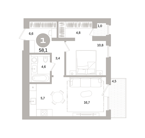Новая 1-к квартира
 58.05 м² на 6/8 этаже в ЖК «Северный ветер» в городе Тюмень 