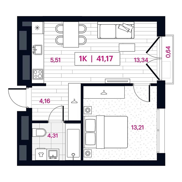 Новая 1-к квартира
 41.17 м² на 12/16 этаже в ЖК «Пушкина» в городе Тюмень 