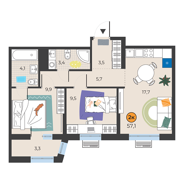 Новая 2-к квартира
 54.8 м² на 16/25 этаже в ЖК «Корней» в городе Тюмень 