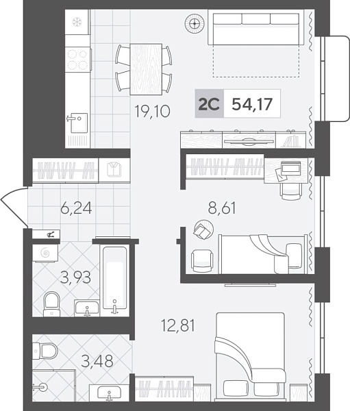 Новая 2-к квартира
 54.17 м² на 14/17 этаже в ЖК «Скандиа. Квартал в Комарово Парк» в городе Тюмень 