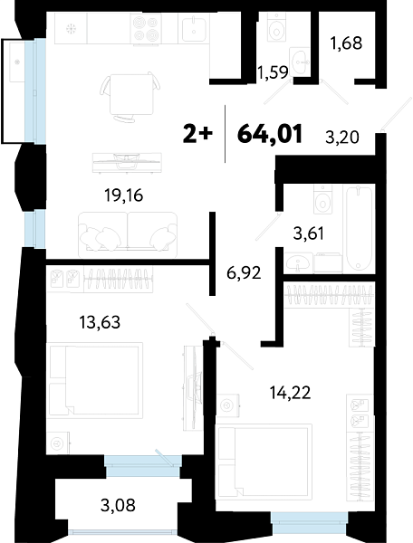Новая 2-к квартира
 64.01 м² на 14/16 этаже в ЖК «Кедровый берег» в городе Тюмень 
