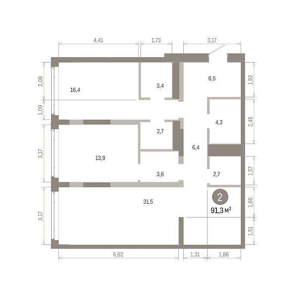 Количество комнат: 2,  91.28 кв.м.