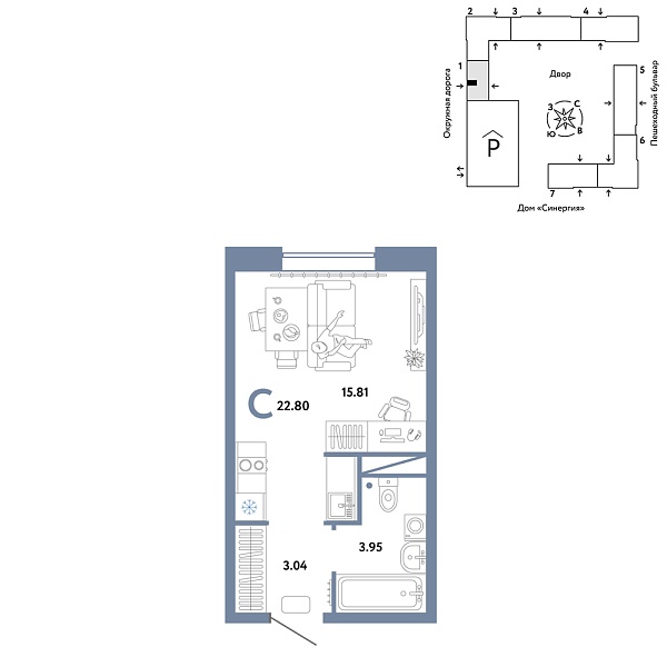 Новая квартира-студия
 22.8 м² на 11/16 этаже в ЖК «Юнион» в городе Тюмень 