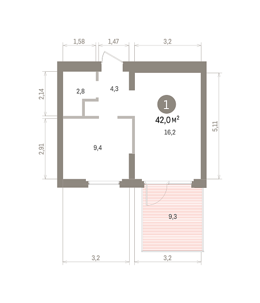 Количество комнат: 1,  42 кв.м.